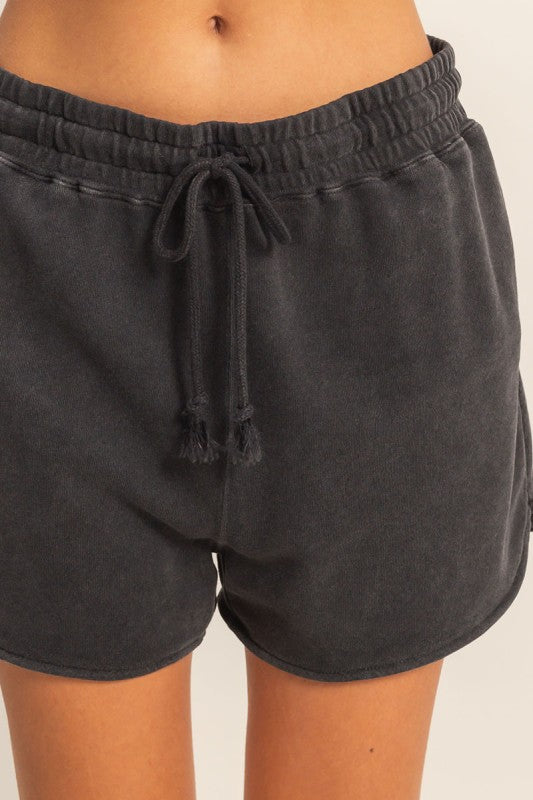 Acid Wash Elastic Shorts - Black