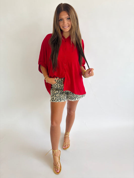 Red Oversized Button Down
